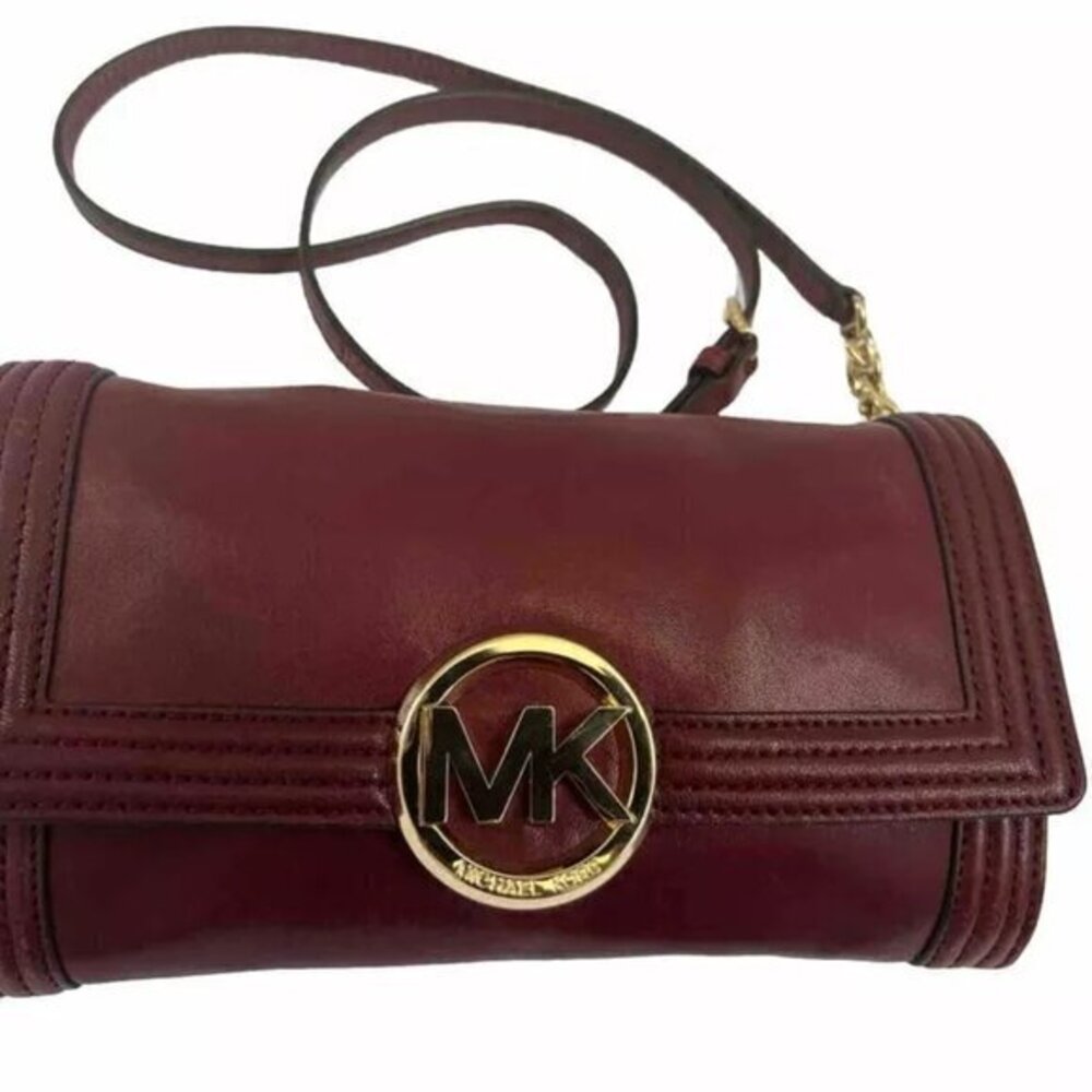 Michael Kors Handbag Leather Shoulderbag Burgandy Purse Satchel With Gold Chain
